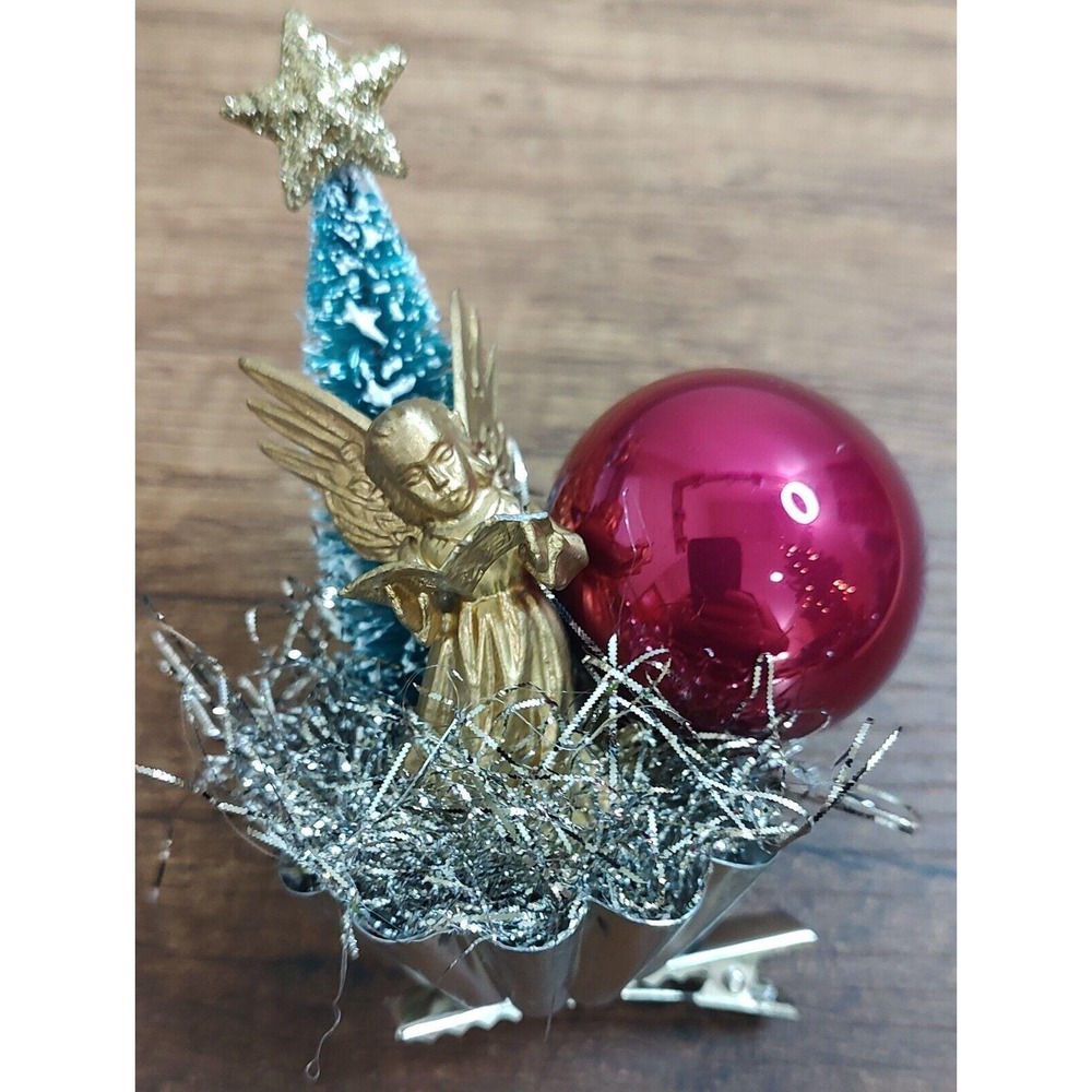 Vtg Angel Clip On Christmas Ornament Handmade Tart Tin Magenta Glass Ball Tree
